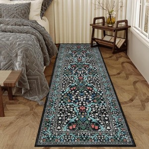2x6 Black Farmhouse Floral Runner Rug, Washable Thin Low Pile Carpet, Non-Slip Non-Shedding Hallway or Kitchen Floor Mat - 1 of 4