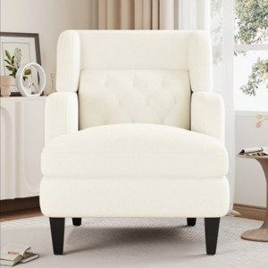 Modern Comfy Teddy Fabric Upholstered Arm Chair,Button Tufted High Back Padded Sofa with Birch Legs,Living Room Bedroom Lounge Chair-Coolbibila - 1 of 4