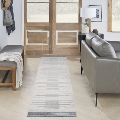 Ivory Blue Synthetic Stripe Runner Rug 2'2" x 8'
