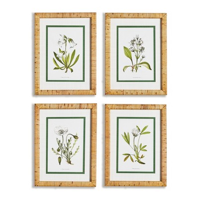 Plum & Post 11.75" x 15.75" White Floral Flowers Decorative Study Wall Art Prints w/ Bamboo Wrapped Frame, Set of 4
