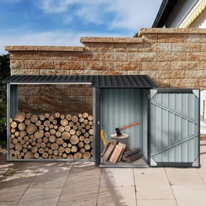 2-In-1 Outdoor Backyard Steel Firewood Rack and Black Metal Storage Shed,Indoor Garden Sloped Roof Open Firewood Storage Buildings-Coolbibila - 1 of 4