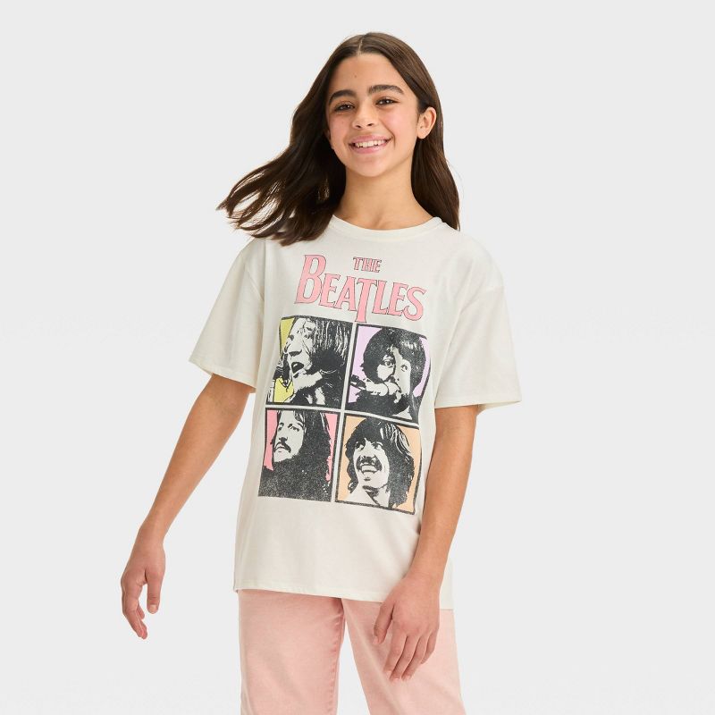 Girls' Short Sleeve Oversized The Beatles Graphic T-Shirt - art class™ Off-White, 1 of 5