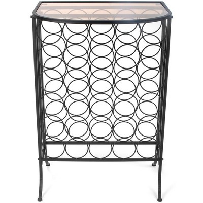 Black Metal Wine Rack Stand with Glass Tabletop for 30 Bottles