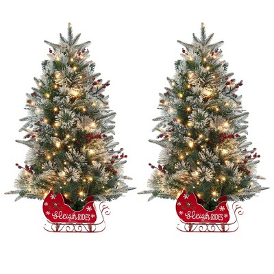 Homhougo 4.5ft Potted Snow Flocked Christmas Tree with Pine Cones & Red Berries, Sleigh Base, for Tabletop or Entryway Decor