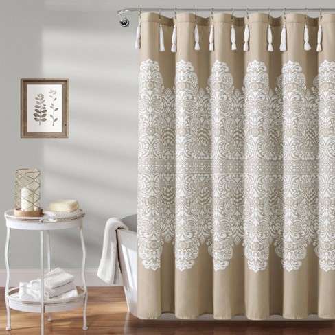 Linen Shower Curtain with Tassels for Neutral Country Bathroom Decor Beige  72x72 inch 