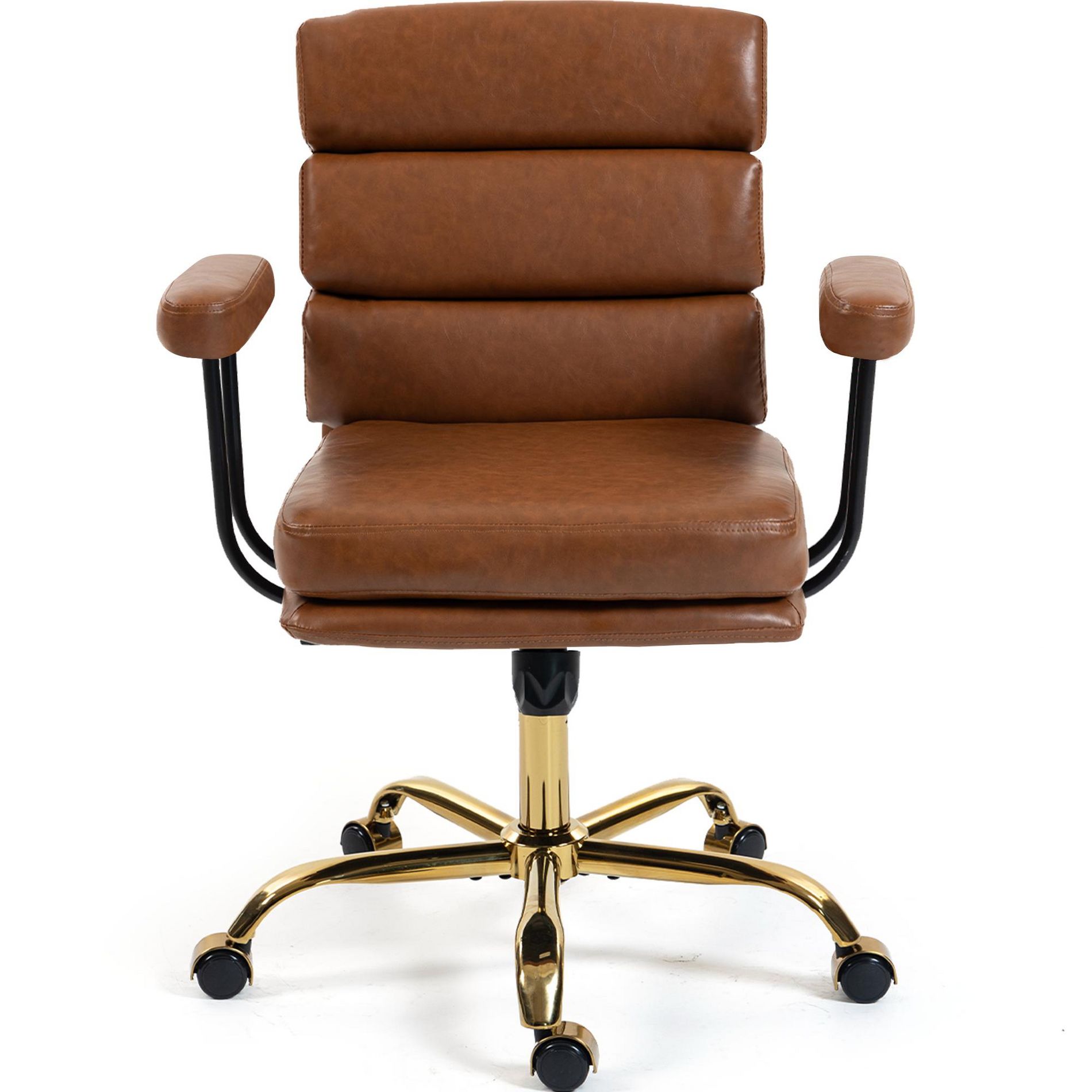 Bosmiller Faux Leather Home Office Desk Chair, Gold Base Vanity Chair with Wheels, Padded Seat and Armrests, Swivel Executive Computer Chair, Brown