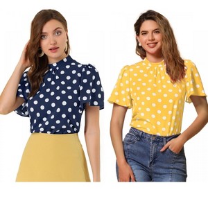 INSPIRE CHIC Women's Polka Dots Stand Collar Pleat Keyhole Back Short Flare Sleeve Tops 2 Packs - 1 of 4