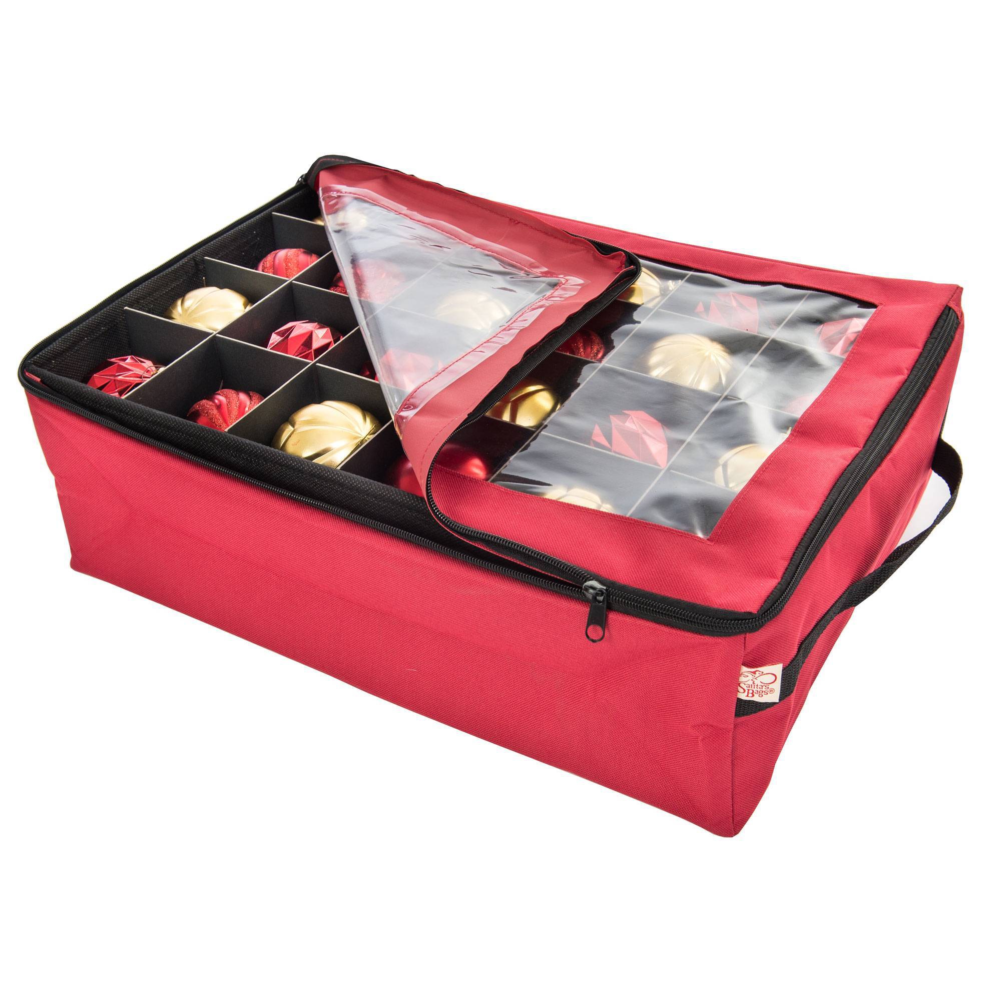 TreeKeeper Two-Tray Ornament Bag with Clear Top: Christmas Ornament Storage Organizer, Padded Polyester, Red