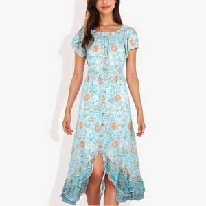 Anna-Kaci Women's Open Gathered Neck Short Sleeve Gathered Waist Open Tulip Hem Fashion Dress - 1 of 4