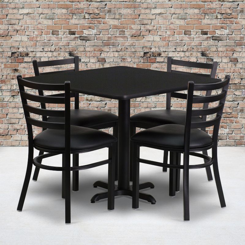 Flash Furniture 36'' Square Black Laminate Table Set with X-Base and 4 Ladder Back Metal Chairs - Black Vinyl Seat, 3 of 4