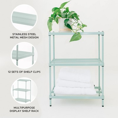 Sage Green 3-Tier Adjustable Metal Mesh Utility Shelving Unit