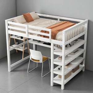 Full Size Loft Bed with Built-In Desk, Storage Shelves, Guardrails, and Ladder, Space-Saving Wood Frame - 1 of 4