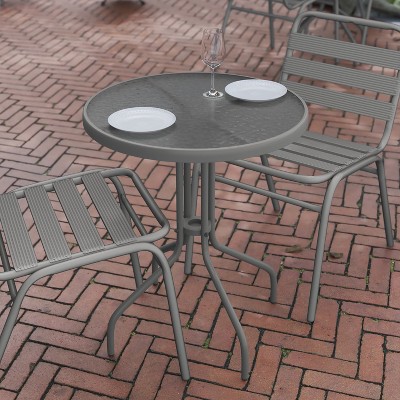 Bellamy 23.6'' Round Silver Metal Table with Tempered Glass Top