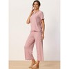 cheibear Women's Pajama Set Ruffle Round Neck Soft Knit Short Sleeve Shirt with Pants Capri Loungewear - 2 of 4