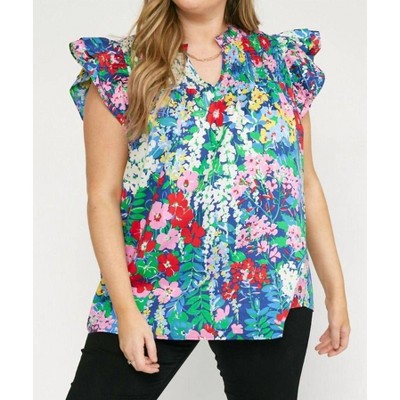 Women's Floral Ruffle Sleeve Top - Plus - entro
