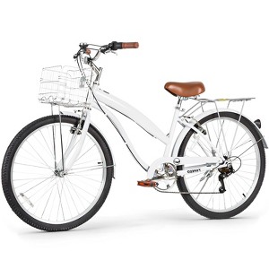 hykolity 26 inch Cruiser Bike Beach Bicycle City Bike Commuter Cycling 7 Speed for Adult Women Height 60-72 inch Front Basket Rear Rack Pale White - 1 of 4
