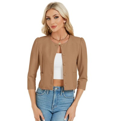 Coolmee Women's 3/4 Sleeve Cropped Coat Lightweight Notch Collar Blazer Jacket Business Casual