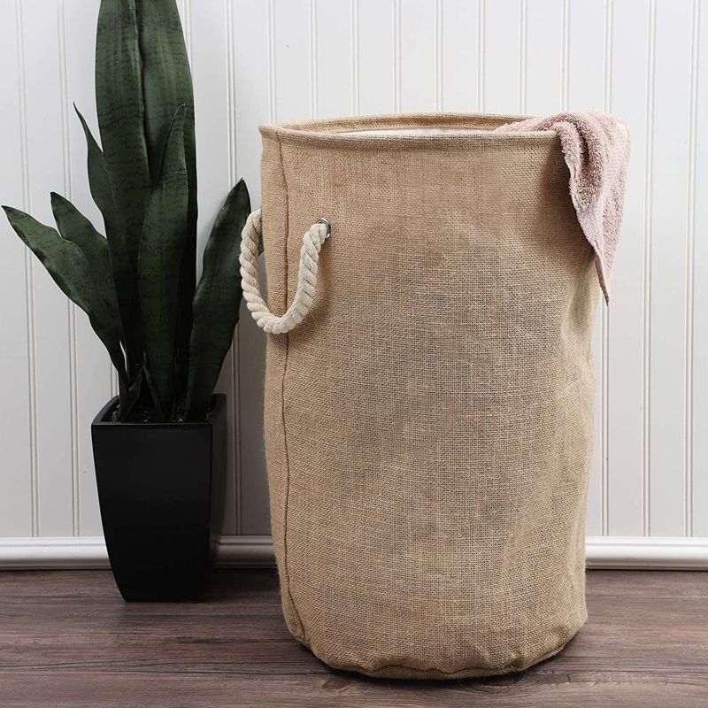 Juvale Large Collapsible Woven Jute Fabric Round Laundry Hamper, Tall Drawstring Blanket Storage Basket with Lid & Handle, Brown 13.4"x22", 2 of 10