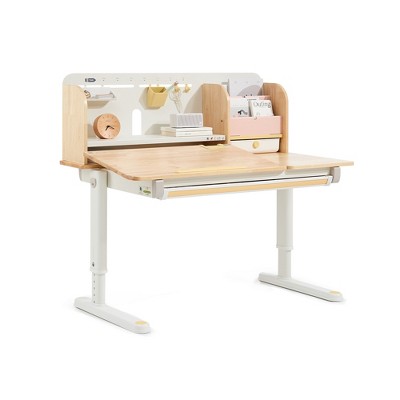 JUJABU 47.2" Kids Adjustable Study Desk with Tiltable Desktop and Double bookshelf, Natural