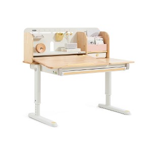 JUJABU 47.2" Kids Adjustable Study Desk with Tiltable Desktop and Double bookshelf, Natural - 1 of 4