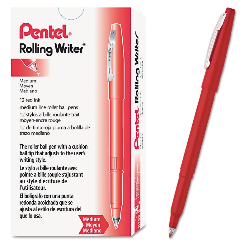 Pentel Rolling Writer Stick Roller Ball Pen .8mm Red Barrel/Ink Dozen R100B, 2 of 4