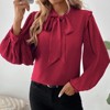 Coolmee Women's Long Sleeve Shirts Bow Tie Neck Casual Satin Blouse Tops for Business Office Work - 2 of 4