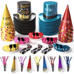 Crown Display 2026 New Year’s Eve Party Favors – 200 Person Set with Top Hats, Tiaras, Horns, Noise Makers & Decorations - 1 of 4