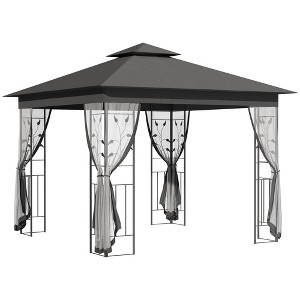 Aghana Digitals 10'x10' Brown Metal Patio Gazebo with Double Roof, Tree Motif Frame & Netting - - 1 of 4
