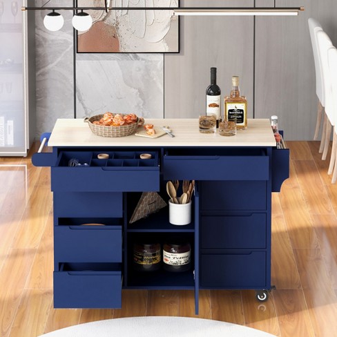 Rubberwood Countertop Kitchen Island Kitchen Trolley with 5 Wheels Spice Rack and 8 Drawers Blue ModernLuxe