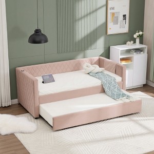Velvet Daybed with Pop-up Trundle for Bedroom/Guest Room, Twin Size Sofa Beds Frame with USB Ports and Storage Pocket, No Box Spring Needed - 1 of 4