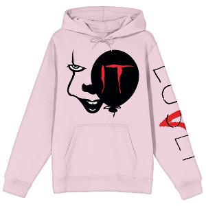 It Chapter 2 Pennywise Face & Balloon With Loser Sleeve Long Sleeve Cradle Pink Men's Hooded Sweatshirt - 1 of 2