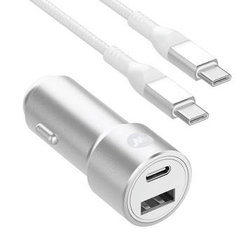 Just Wireless Pro Series 42W 2-Port USB-A & USB-C Car Charger with 6' USB-C to USB-C Cable - Silver & White