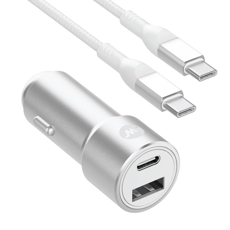 Just Wireless Pro Series 42W 2-Port USB-A &#38; USB-C Car Charger with 6&#39; USB-C to USB-C Cable - Silver &#38; White, 1 of 8