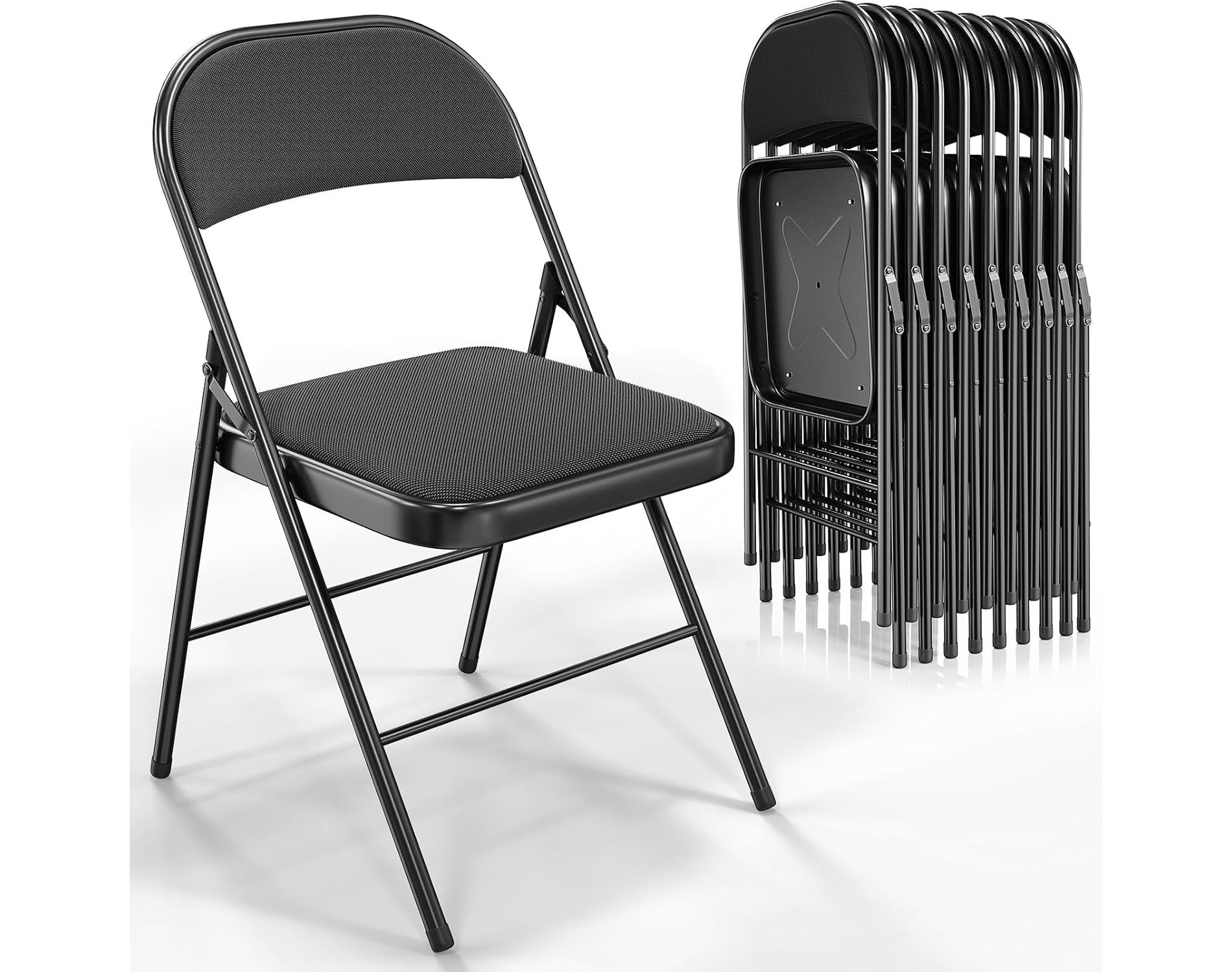 VINGLI 10 Pack Folding Chairs with Padded Seats, Metal Frame with Fabric Seat & Back, Capacity 350 lbs, Black, Set of 10