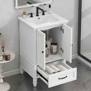 MAYEERTY 20" Bathroom Vanity with Sink 2 Doors Magnetic Stopper Adjustable Foot Pads Drawer White - 1 of 4