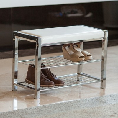 Danya B. Leatherette Storage Entryway Bench With Chrome Frame White