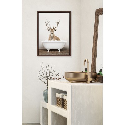 Whimsical Male Deer in Bathtub Brown Framed Canvas Art