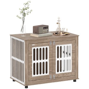 PawHut Dog Crate Furniture, 39" Dog Kennel Side Table with 2 Doors, Adjustable Non-slip Foot Mats, Decorative Pet Cage for Large Dogs, Walnut Brown - 1 of 4