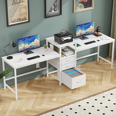 Gericco 93'' Two Person Desk with Charging Station, Long Desk with 3 Drawers and Printer Shelf, Double Computer Desk, Fabric Drawers