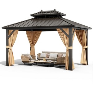 Whizmax Hardtop Gazebo, Double Roof Aluminum Frame with Netting & Curtains, Wood Grain Galvanized Steel for Patio, Garden, Lawn & Outdoor Parties - 1 of 4