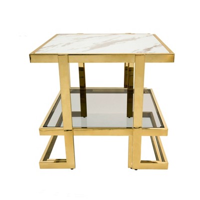 Metal/Marble Glass Side Table Gold/White - Sagebrook Home