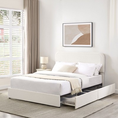 NicBex Queen Upholstered Bed Frame with Curve Stitched Tufted Headboard,Platform Bed Frame with Drawers,No Box Spring Needed,Easy Assembly,Ivory