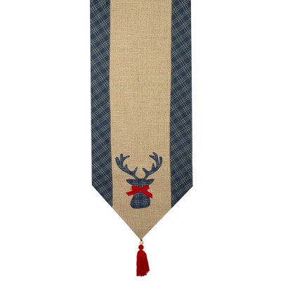 Blue and Brown Burlap Plaid Reindeer Christmas Table Runner