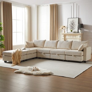 VYNXARIA 113.5 inch Modular Sectiona Corduroy Sofa,U Shaped Sectional Couch with Storage Ottoman,6 Seats Convertible Sectionals with Chaise,Beige - 1 of 4