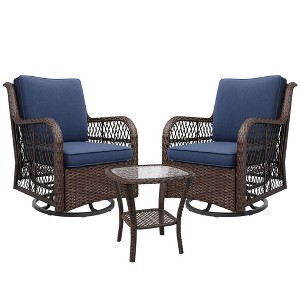 Outdoor Swivel Wicker Sliding Patio Chairs with Table Set, 3-Piece Outdoor Bistro Set with 4-Inch Thick Cushions and Coffee Table - 1 of 4