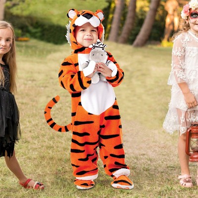 Joyfy Baby Halloween Costume Tiger Jumpsuit with Tail, Toddler One Piece Animal Suit with Hat for Halloween Dress Up Party