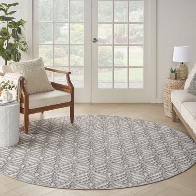 Aloha 8' Round Gray Synthetic Tropical Palm Outdoor Rug