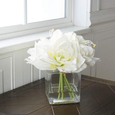 Elegant Cream Lily Artificial Floral Arrangement in Clear Glass Vase