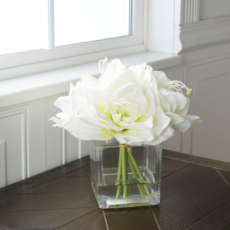 Lilies Floral Centerpiece - Five Cream-Colored Lily Blossoms in a Clear Glass Bowl with Fake Water - Artificial Flowers in Vase by Pure Garden (Cream), 3 of 6