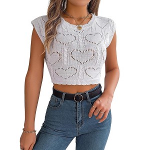 BLUEMING Womens Knit Sweater Cropped Tank Tops Pleated Neck Crochet Heart Hollow Out Sleeveless Going Out Tops - 1 of 4